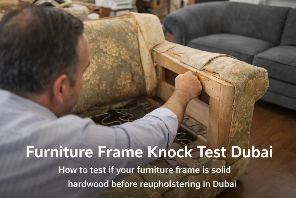 Knocking on sofa frame to test if furniture is worth reupholstering